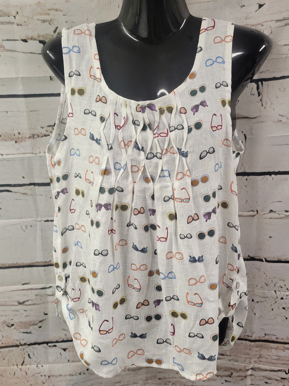 Lungo L'Arno Italy 100% Linen Sleeveless Blouse Sunglasses Print Resort Coastal